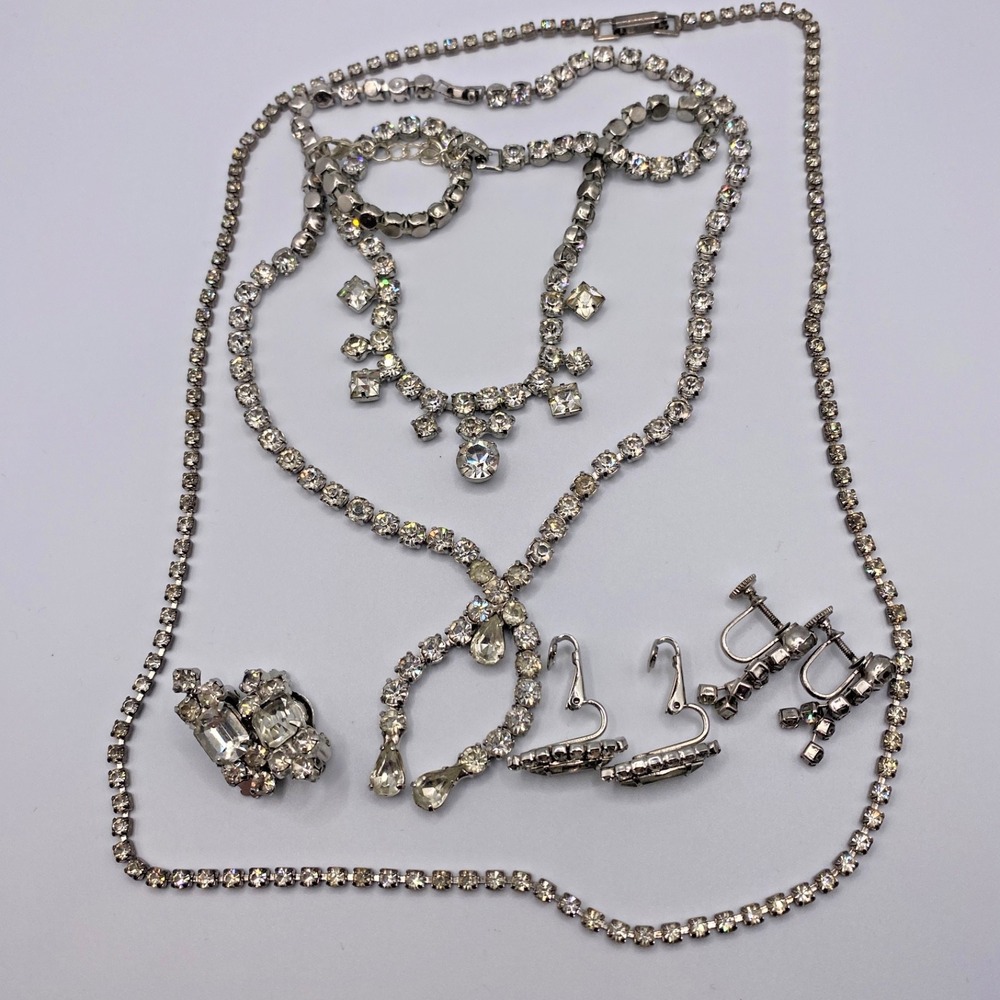 Vintage Rhinestone Jewelry Lot 6pc Necklaces Earrings Silver Tone Prong Set